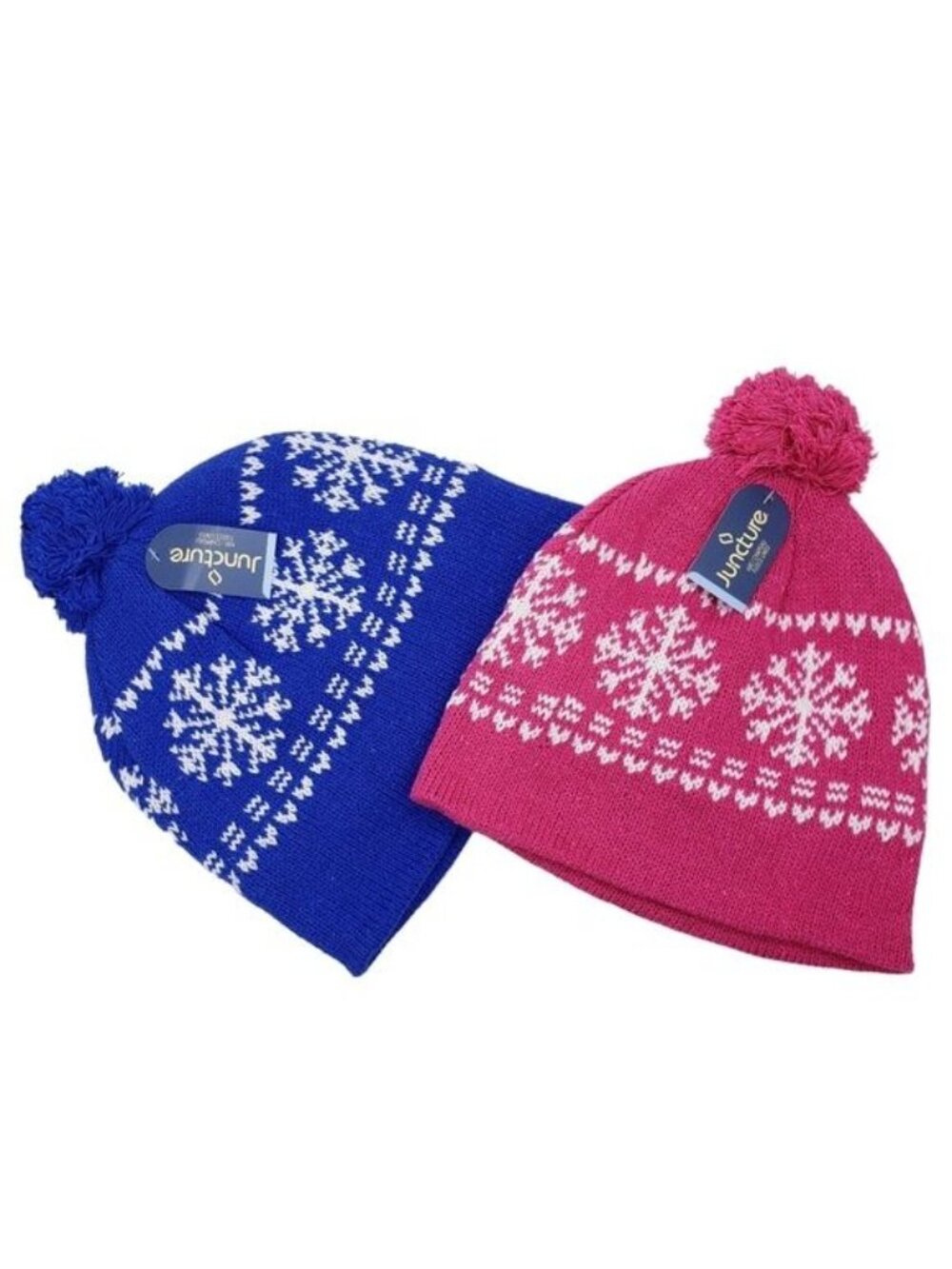 Juncture Set of 2 Winter Fleece Lined Puffy Ball Snowflake Hats Blue & Pink New